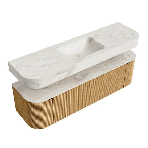 MONDIAZ THOR-DLUX 160cm badmeubel ronding links + rechts kleur Oak met 1 lade en 2 deuren. Vrijhangende wastafel CLOUD Midden 1 kraangat kleur Ostra. SW1464964