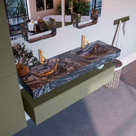 Mondiaz ALAN-DLUX Ensemble de meuble - 150cm - meuble Army mat - 1 tiroir - Lavabo Cloud Lava suspendu - vasque Gauche et droite - 2 trous de robinet SW808517
