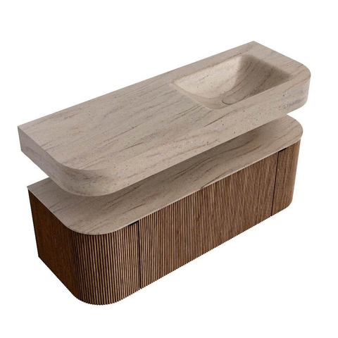 MONDIAZ THOR-DLUX 130cm badmeubel ronding links + rechts kleur Walnut met 1 lade en 2 deuren. Vrijhangende wastafel CLOUD Rechts 1 kraangat kleur Saba. SW1464030