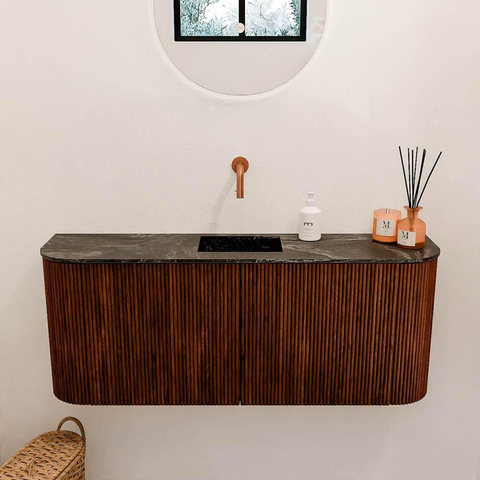 Mondiaz JOYA-DLUX 103.2cm meuble de salle de bains - arrondis gauche et droite couleur Ruby - Vasque FAYE position Milieu Sans trou de robinet couleur Lava. SW1423691