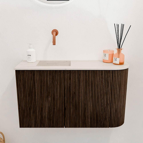 Mondiaz JOYA-DLUX 71.6cm toiletmeubel - ronding rechts kleur Walnut - Wastafel FAYE positie Links Zonder kraangat kleur Meli. SW1424427