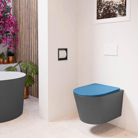 Mondiaz LAVIE hangtoilet – spoelrandloos – 36 x 53 cm – met softclose zitting – Dark grey (grijs), zitting Jeans (blauw) SW1208634