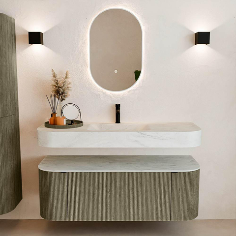 MONDIAZ THOR-DLUX 130cm meuble de salle de bains arrondi gauche + droite couleur Shadow avec 1 tiroir et 2 portes. Vasque suspendue CLOUD Milieu 1 trou de robinet couleur Opalo. SW1463752