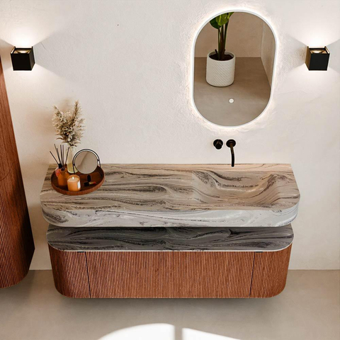 MONDIAZ THOR-DLUX 150cm meuble de salle de bains arrondi gauche + droite couleur Ruby avec 1 tiroir et 2 portes. Vasque suspendue CLOUD Droite sans trou de robinet couleur Sombra. SW1464900