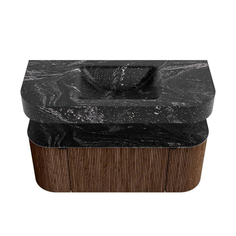 MONDIAZ THOR-DLUX 110cm meuble de salle de bains arrondi gauche + droite couleur Walnut avec 1 tiroir et 2 portes. Vasque suspendue CLOUD Milieu 1 trou de robinet couleur Lava. SW1462769