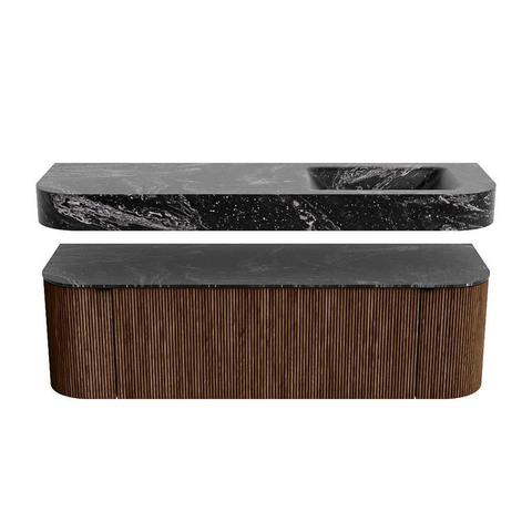 MONDIAZ THOR-DLUX 150cm badmeubel ronding links + rechts kleur Walnut met 1 lade en 2 deuren. Vrijhangende wastafel CLOUD Rechts zonder kraangat kleur Lava. SW1464652