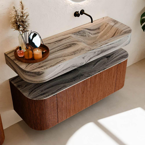 MONDIAZ THOR-DLUX 130cm meuble de salle de bains arrondi gauche + droite couleur Ruby avec 1 tiroir et 2 portes. Vasque suspendue CLOUD Droite sans trou de robinet couleur Sombra. SW1464154