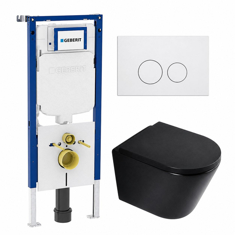 QeramiQ Dely Ensemble WC - 36.3x51.7cm - évacuation profonde - sans bride - réservoir encastré Geberit UP720 - abattant WC softclose 35 mm - plaque de commande blanche mate - boutons ronds - noir mat SW1427106