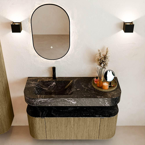 MONDIAZ THOR-DLUX 120cm meuble de salle de bains arrondi gauche + droite couleur Dusk avec 1 tiroir et 2 portes. Vasque suspendue CLOUD gauche 1 trou de robinet couleur Lava. SW1463310