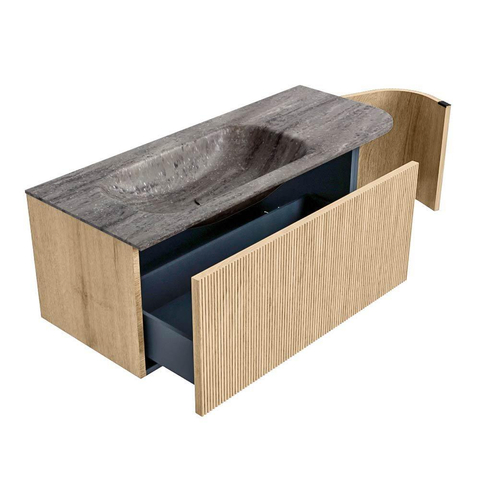 MONDIAZ KURVE-DLUX Meuble de salle de bains 115cm arrondi à droite couleur Chêne avec 1 tiroir et 1 porte. Lavabo BIG SMALL gauche sans trou de robinet Oza. SW1432624