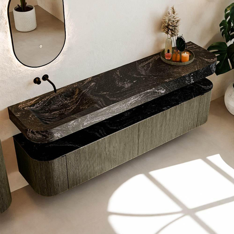 MONDIAZ THOR-DLUX 200cm meuble de salle de bains arrondi gauche + droite couleur Shadow avec 2 tiroirs et 2 portes. Vasque suspendue CLOUD Gauche sans trou de robinet couleur Lava. SW1467040