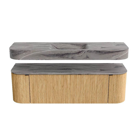 MONDIAZ THOR-DLUX 150cm badmeubel ronding links + rechts kleur Oak met 1 lade en 2 deuren. Vrijhangende wastafel CLOUD Midden zonder kraangat kleur Sombra. SW1464894
