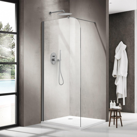 Fortifura Galeria Paroi de douche à l'italienne - 110x200cm - paroi en verre arrondie - verre transparent - barre de fixation murale - gunmetal brossé PVD SW1420232