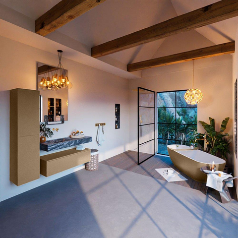 Mondiaz ALAN-DLUX Ensemble de meuble - 110cm - meuble Oro mat - 1 tiroir - Lavabo Cloud Lava suspendu - vasque Gauche - 0 trous de robinet SW808652