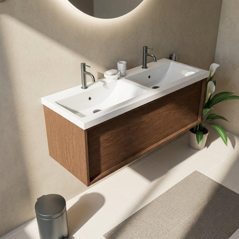 Saniclass Holz Frame Badkamermeubelset - 120x45x43.5cm - Bari keramische wastafel wit - 2 wasbakken - 2 kraangaten - 1 lade - mat walnut pure (hout) SW1478784