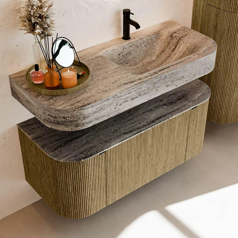 MONDIAZ THOR-DLUX 110cm meuble de salle de bains arrondi gauche + droite couleur Dusk avec 1 tiroir et 2 portes. Vasque suspendue CLOUD Droite 1 trou de robinet couleur Oza. SW1463018