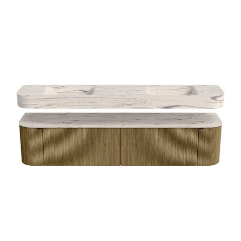 MONDIAZ THOR-DLUX 200cm meuble de salle de bains arrondi gauche + droite couleur Dusk avec 2 tiroirs et 2 portes. Vasque suspendue CLOUD Double sans trou de robinet couleur Nata. SW1467153