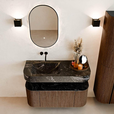 MONDIAZ THOR-DLUX 110cm badmeubel ronding links + rechts kleur Walnut met 1 lade en 2 deuren. Vrijhangende wastafel CLOUD Links zonder kraangat kleur Lava. SW1462767