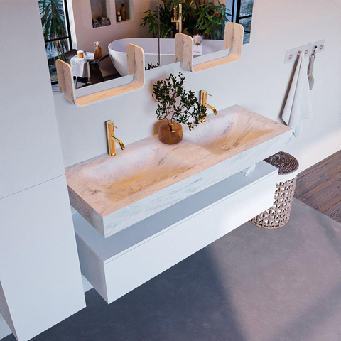 Mondiaz ALAN-DLUX Ensemble de meuble - 130cm - meuble Talc mat - 1 tiroir - Lavabo Cloud Opalo suspendu - vasque Gauche et droite - 2 trous de robinet SW806409