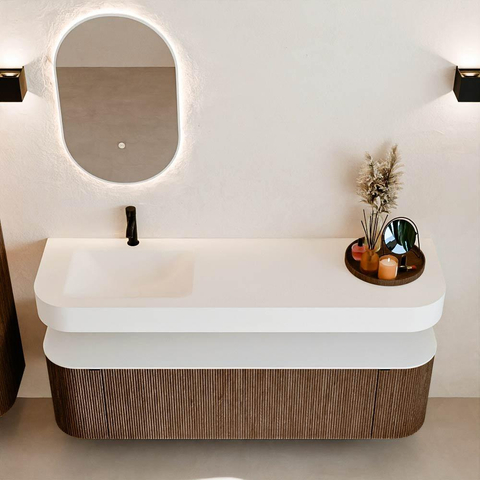 MONDIAZ THOR 160cm badmeubel ronding links + rechts kleur Walnut met 1 lade en 2 deuren. Vrijhangende wastafel CLOUD Links 1 kraangat kleur Talc. SW1465006