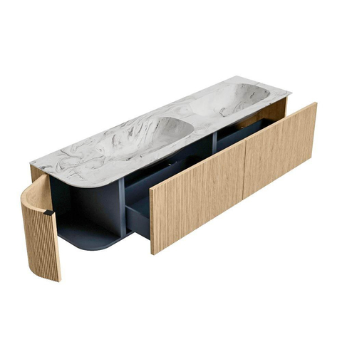 MONDIAZ KURVE-DLUX Meuble de salle de bains 175 cm avec module 25 L couleur Oak avec 2 tiroirs et 1 porte. Vasque STOR SMALL double / droite sans trou de robinet couleur Glace. SW1137995