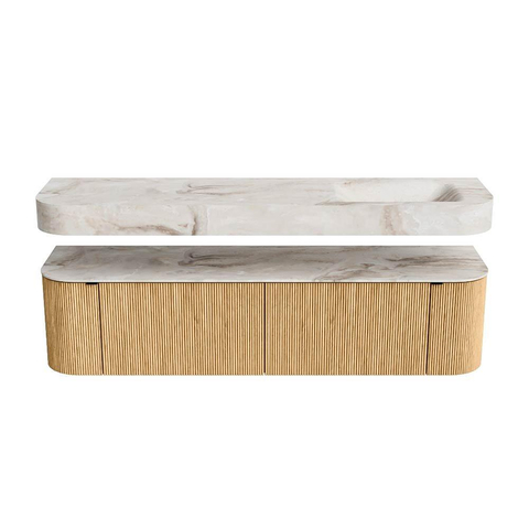 MONDIAZ THOR-DLUX 180cm badmeubel ronding links + rechts kleur Oak met 2 lades en 2 deuren. Vrijhangende wastafel CLOUD Rechts zonder kraangat kleur Frappe. SW1465875