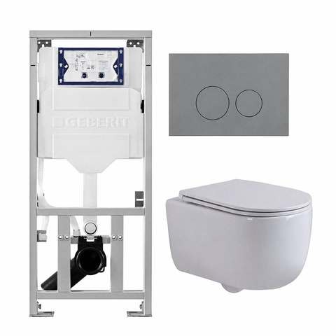 QeramiQ Dely Swirl Toiletset - 36.3x51.7cm - Geberit UP320 inbouwreservoir - met Burda frame - slim zitting - bedieningsplaat licht grijs - ronde knoppen - glans wit SW1164796