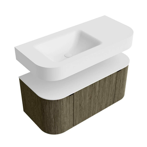 MONDIAZ THOR 100cm meuble de salle de bains arrondi gauche + droite couleur Shadow avec 1 tiroir et 2 portes. Vasque suspendue CLOUD gauche 1 trou de robinet couleur Talc. SW1467443