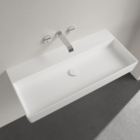 Villeroy & Boch memento 2.0 wastafel - voor handdoekhouders - 100x47cm - zonder overloop - zonder kraangat CeramicPlus - Stone White (mat wit) SW336047