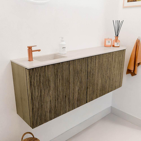 Mondiaz JOYA-DLUX Meuble de salle de bains - 111,6cm - arrondi droit couleur Dusk - Vasque FAYE position Gauche 1 trou de robinet couleur Meli SW1425859