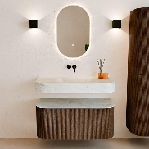 MONDIAZ THOR-DLUX Meuble de salle de bains 100cm arrondi gauche + droite couleur Walnut avec 1 tiroir et 2 portes. Vasque suspendue CLOUD Centre sans trou de robinet couleur Opalo. SW1467375