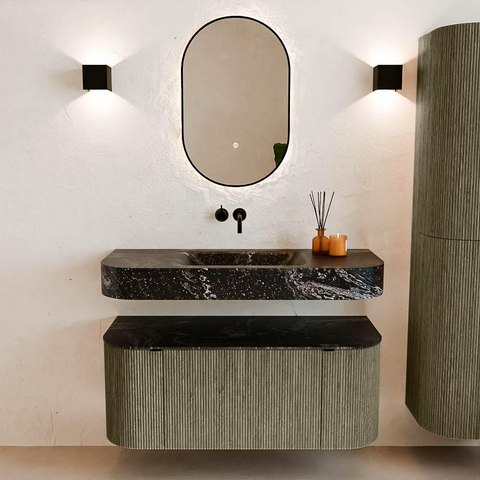MONDIAZ THOR-DLUX 110cm meuble de salle de bains arrondi gauche + droite couleur Shadow avec 1 tiroir et 2 portes. Vasque suspendue CLOUD Milieu sans trou de robinet couleur Lava. SW1462859