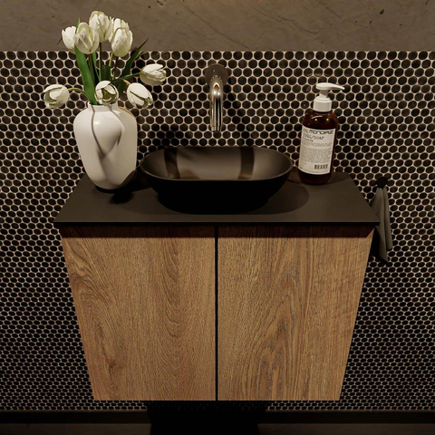 Mondiaz Fowy Meuble de toilette - 60x50x23cm - chêne blanchi mat - 0 trous de robinet - lavabo centré - 2 portes - solid surface - plan Mélamine - lavabo : noir SW761445