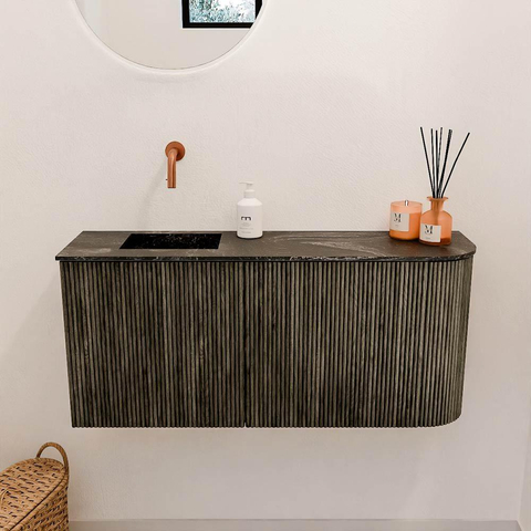 Mondiaz JOYA-DLUX Meuble de salle de bains 91,6cm - arrondi droit couleur Shadow - Vasque FAYE position Gauche Sans trou de robinet couleur Lava SW1422880