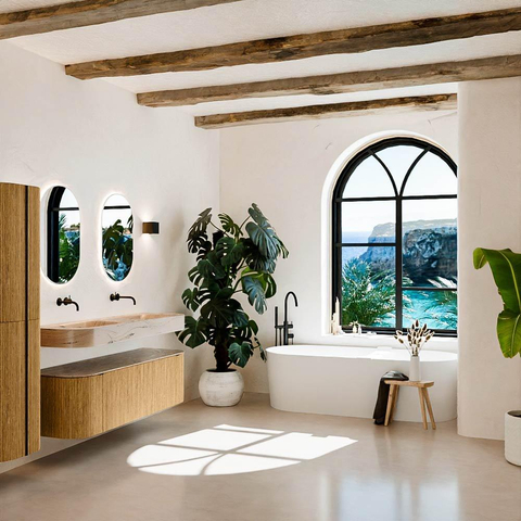 MONDIAZ THOR-DLUX 150cm badmeubel ronding links + rechts kleur Oak met 1 lade en 2 deuren. Vrijhangende wastafel CLOUD Dubbel zonder kraangat kleur Arena. SW1464726