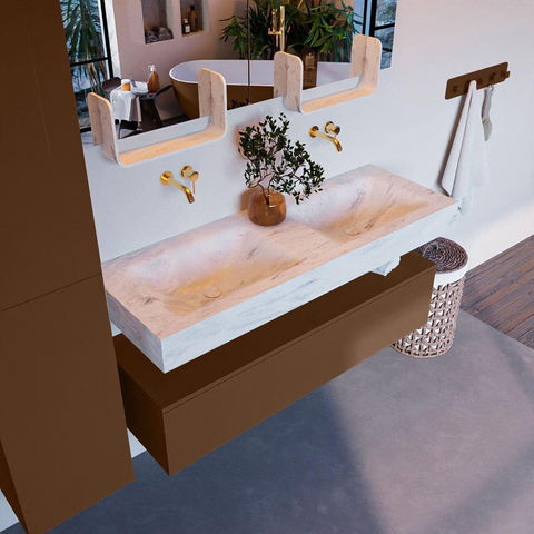 Mondiaz ALAN-DLUX Ensemble de meuble - 130cm - meuble Rust mat - 1 tiroir - Lavabo Cloud Opalo suspendu - vasque Gauche et droite - 0 trous de robinet SW806499