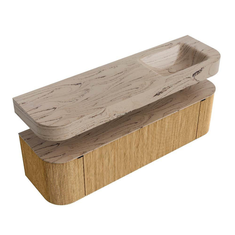 MONDIAZ THOR-DLUX 160cm meuble de salle de bains arrondi gauche + droite couleur Oak avec 1 tiroir et 2 portes. Vasque suspendue CLOUD Droite 1 trou de robinet couleur Arena. SW1465105
