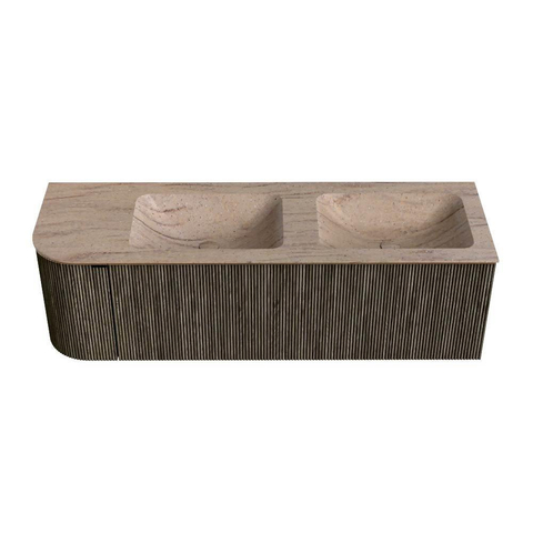MONDIAZ KURVE-DLUX 145cm badmeubel ronding Links kleur Shadow met 1 lade en 1 deur. Wastafel LEAF Dubbel / Rechts 2 kraangaten Saba. SW1433278