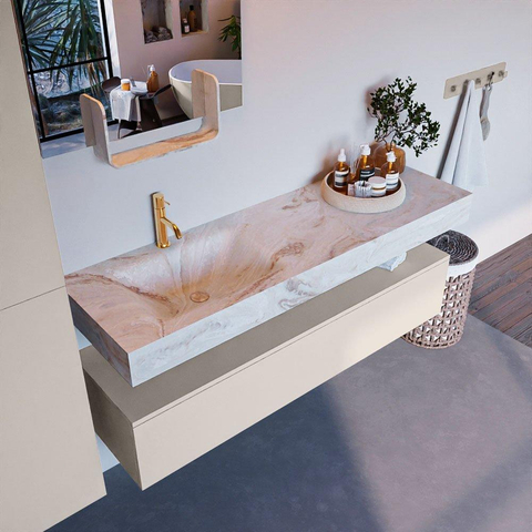 Mondiaz ALAN-DLUX Ensemble de meuble - 150cm - meuble Linen mat - 1 tiroir - Lavabo Cloud Frappe suspendu - vasque Gauche - 1 trou de robinet SW805542