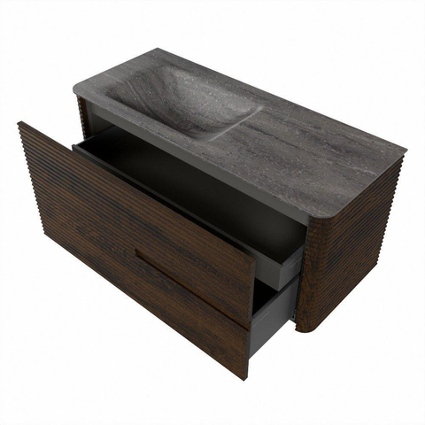 Mondiaz CIRO-DLUX Ensemble de meubles de salle de bains - 110x45x50cm - Plan vasque Solid surface Oza - 1 lavabo à gauche - sans trous de robinet - 2 tiroirs - Noyer SW1530631