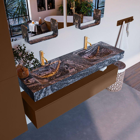 Mondiaz ALAN-DLUX Ensemble de meuble - 150cm - meuble Rust mat - 1 tiroir - Lavabo Cloud Lava suspendu - vasque Gauche et droite - 2 trous de robinet SW808451