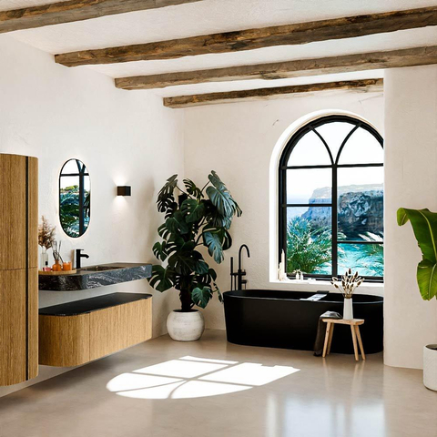 MONDIAZ THOR-DLUX 140cm meuble de salle de bains arrondi gauche + droite couleur Oak avec 1 tiroir et 2 portes. Vasque suspendue CLOUD Milieu 1 trou de robinet couleur Lava. SW1463941