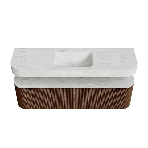 MONDIAZ THOR-DLUX 160cm meuble de salle de bains arrondi gauche + droite couleur Walnut avec 1 tiroir et 2 portes. Vasque suspendue CLOUD Milieu 1 trou de robinet couleur Opalo. SW1465020