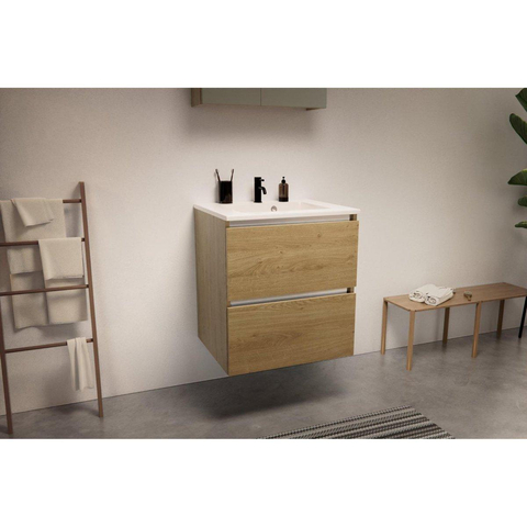 Nemo Go Ensemble de meuble - 60x65x45.5cm - 2 tiroirs - sans poignée - 1 vasque Blanc brillant - 1 trous de robinet - avec armoire toilette - MDF Riverside Oak SW911702