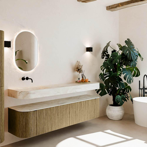MONDIAZ THOR-DLUX Meuble de salle de bains - 190cm - arrondi gauche + droite - couleur Dusk - 2 tiroirs - 2 portes - Vasque suspendue CLOUD Gauche sans trou de robinet - couleur Ostra SW1466495