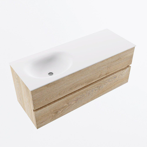 MONDIAZ VICA 120cm meuble de salle de bains sous-meuble Washed Oak 2 tiroirs. Lavabo MOON gauche sans trou de robinet, couleur Talc. SW1381938