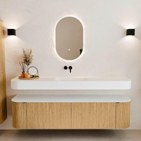 MONDIAZ THOR 180cm meuble de salle de bains arrondi gauche + droite couleur Oak avec 2 tiroirs et 2 portes. Vasque suspendue CLOUD Milieu sans trou de robinet couleur Talc. SW1465902