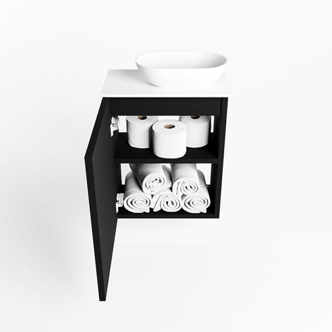 Mondiaz Fowy Meuble de toilette - 40x50x23cm - urban mat - 1 trou de robinet - lavabo à droite - 1 porte - solid surface - plan MDF - lavabo : blanc SW760836