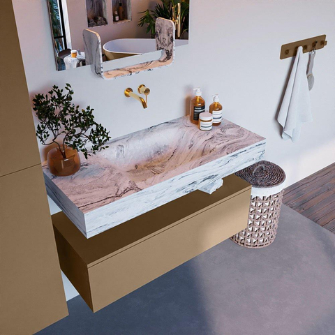 Mondiaz ALAN-DLUX Ensemble de meuble - 100cm - meuble Oro mat - 1 tiroir - Lavabo Cloud Glace suspendu - vasque Centre - 0 trous de robinet SW806400