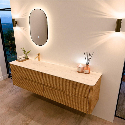 Mondiaz CIRO-DLUX Meuble de salle de bains - 180x45x50cm - lavabo solid surface Meli - 1 vasque à gauche - 1 trou de robinet - 4 tiroirs - Chêne SW1531427